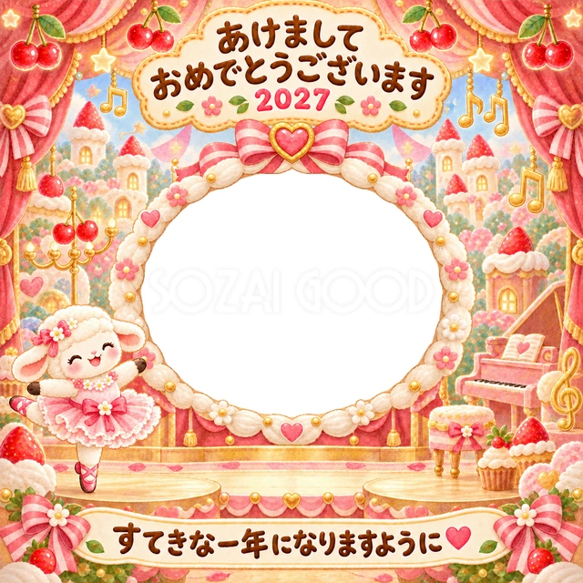 カップケーキの舞台で、小さな羊のバレリーナが踊っています。
キャンディーの幕や明るい飾りで、写真を楽しいステージに飾れます。
ダンスが好きな子どもの写真や、元気な新年の挨拶におすすめです。
手書きの新年の挨拶と「すてきな一年になりますように」を添えています。