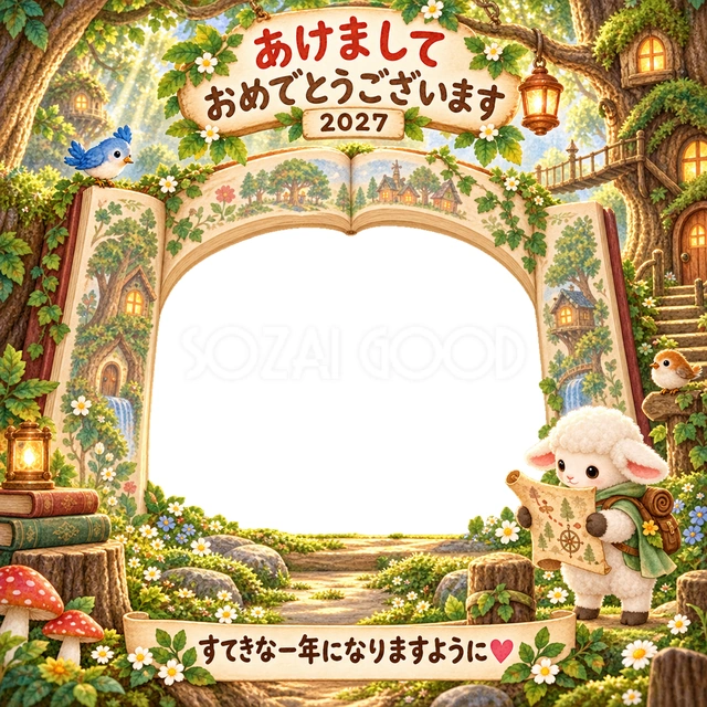 木の小屋や小鳥がいる森で、地図を手にした小さな羊が冒険を始めます。
絵本の扉のような大きな写真窓と、木漏れ日の景色を合わせました。
自然や探検が好きな子どもの写真を、新年の楽しい成長報告にできます。
手書きの新年の挨拶と「すてきな一年になりますように」を添えています。