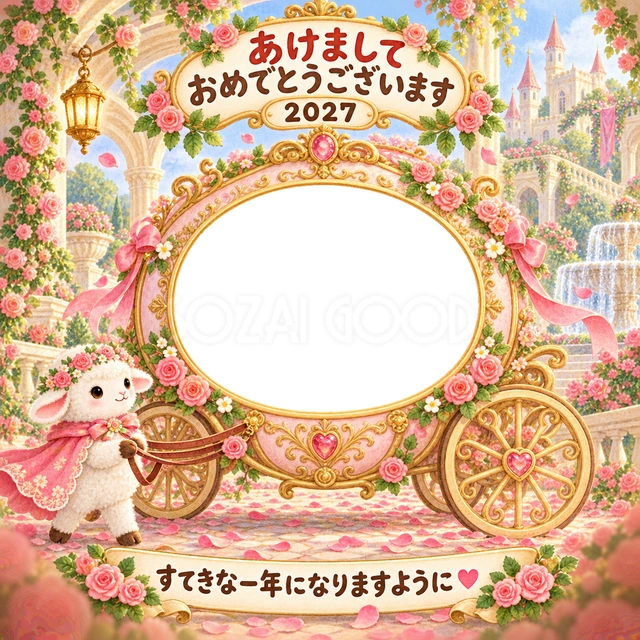 バラのお庭へ向かう花の馬車に、大きな写真窓を設けました。
ピンクの花飾りと羊の案内役が、お姫さま気分の物語へ誘います。
お花や馬車が好きな子どもの笑顔を、華やかな年賀状に飾れます。
手書きの新年の挨拶と「すてきな一年になりますように」を添えています。