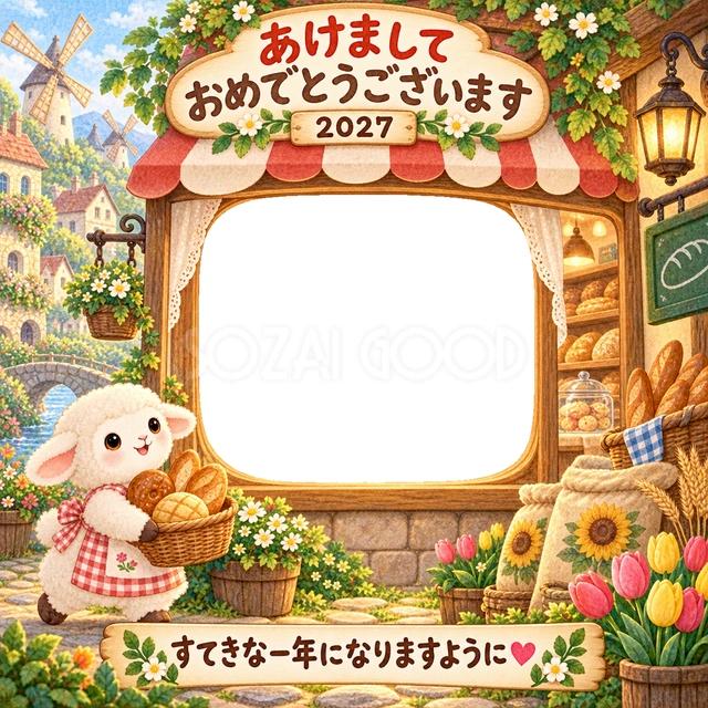 風車のある花いっぱいの村で、小さな羊がパンのかごを運んでいます。
お店の大きな写真窓と花々で、温かな絵本の世界を描きました。
パン屋さんごっこやお料理が好きな子どもの成長記録におすすめです。
手書きの新年の挨拶と「すてきな一年になりますように」を添えています。