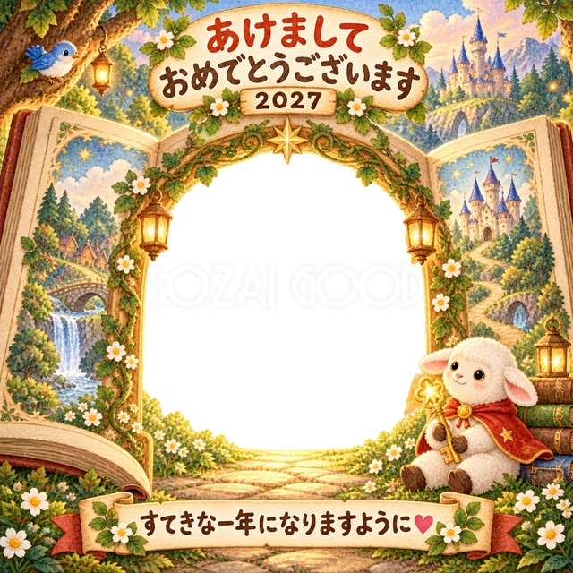 大きな絵本を開くと、森やお城へ続く宝物の扉が現れます。
鍵を手にした小さな羊と金色の写真窓が、新しい物語の始まりを演出します。
絵本や宝探しが好きな子どもの写真を、家族へ届ける年賀状にできます。
手書きの新年の挨拶と「すてきな一年になりますように」を添えています。