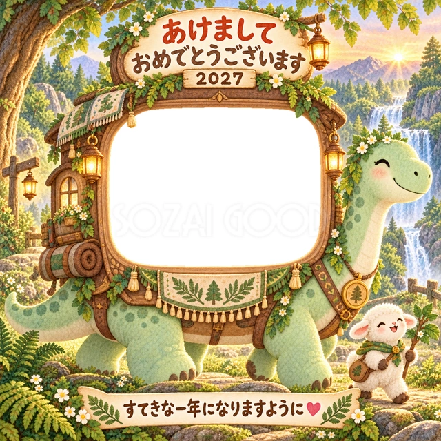 優しい恐竜の背中に乗った客室へ、写真を入れられるフレームです。
シダの森と滝、小さな羊の案内役で、わくわくするお散歩を描きました。
恐竜が大好きな子どもの写真や、家族への新年の挨拶におすすめです。
手書きの新年の挨拶と「すてきな一年になりますように」を添えています。