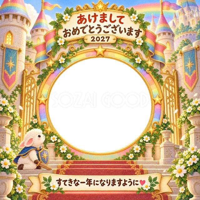 虹色のお城の門で、小さな羊の騎士が新しい一年を迎えます。
丸い塔や金色の飾りと、大きな写真窓で明るいお祝いを表現しました。
お城や冒険ごっこが好きな子どもの写真を、かわいく飾れます。
手書きの新年の挨拶と「すてきな一年になりますように」を添えています。