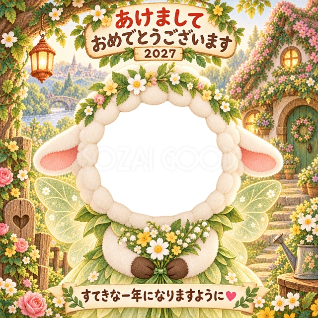 花畑のおうちで、葉っぱの衣装を着た羊の妖精に変身できます。
透き通る羽と小さな花束が、顔写真を優しく引き立てます。
お花や妖精が好きな子どもの成長記録、祖父母への年賀状におすすめです。
手書きの新年の挨拶と「すてきな一年になりますように」を添えています。