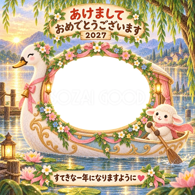 白鳥の形のボートで、睡蓮の咲く湖をゆったり進みます。
花飾りの写真窓と小さな羊、朝の光が穏やかな物語を演出します。
水辺やボートが好きな子どもの笑顔を、優しい新年の挨拶にできます。
手書きの新年の挨拶と「すてきな一年になりますように」を添えています。