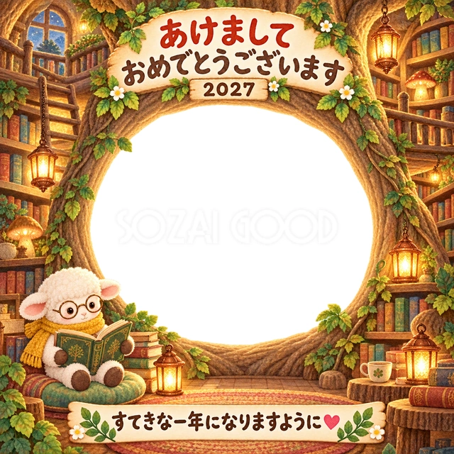 大きな木の中にある図書館で、小さな羊が本を読んでいます。
温かな灯りと木の質感で、写真を居心地のよい読書の場面に包みます。
絵本や読み聞かせが好きな子どもの写真入り年賀状におすすめです。
手書きの新年の挨拶と「すてきな一年になりますように」を添えています。