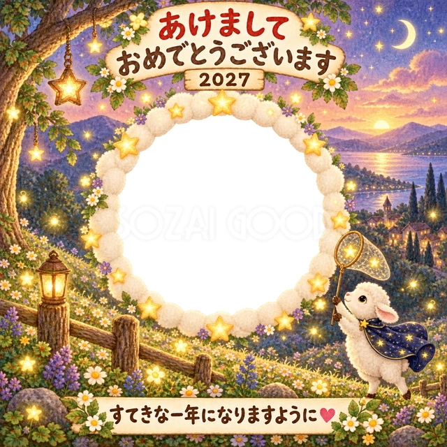 星が輝く丘で、小さな羊が星集めを楽しんでいます。
淡い紫と金色の空、花や光の飾りが、写真を幻想的に彩ります。
星空や夢のある物語が好きな子どもの新年の挨拶におすすめです。
手書きの新年の挨拶と「すてきな一年になりますように」を添えています。