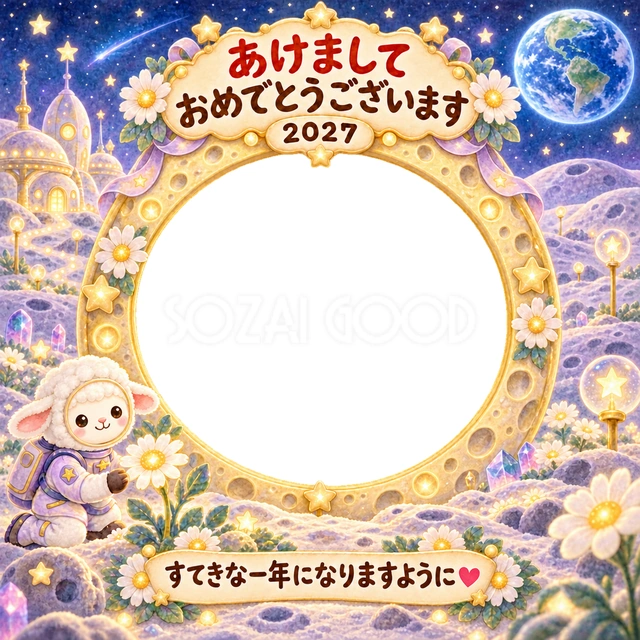 月のお花畑と地球、小さな羊の探検家で優しい宇宙の景色を描きました。
大きな写真窓と金色の星の飾りで、子どもの笑顔を明るく引き立てます。
宇宙や星が好きな子どもの成長記録、家族や祖父母への年賀状におすすめです。
手書きの新年の挨拶と「すてきな一年になりますように」を添えています。