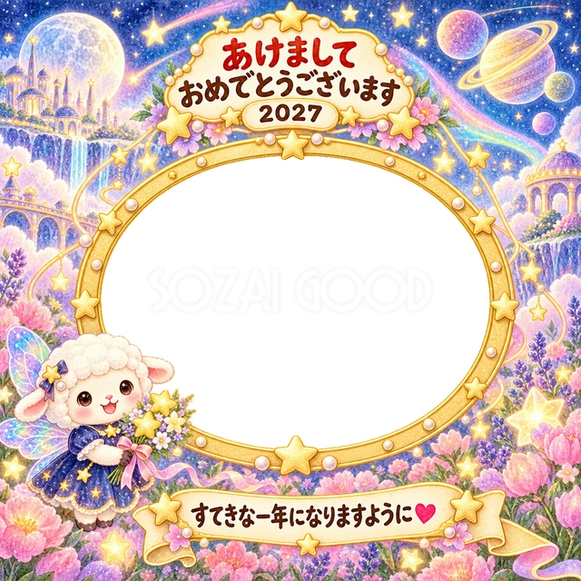 星の妖精の羊と透き通る羽、花束が幻想的なお庭へ案内します。
大きな写真窓と金色の星の飾りで、子どもの笑顔を明るく引き立てます。
宇宙や星が好きな子どもの成長記録、家族や祖父母への年賀状におすすめです。
手書きの新年の挨拶と「すてきな一年になりますように」を添えています。