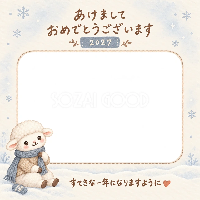 青いマフラーと小さな手袋を添え、冬のおめかしを楽しむ羊です