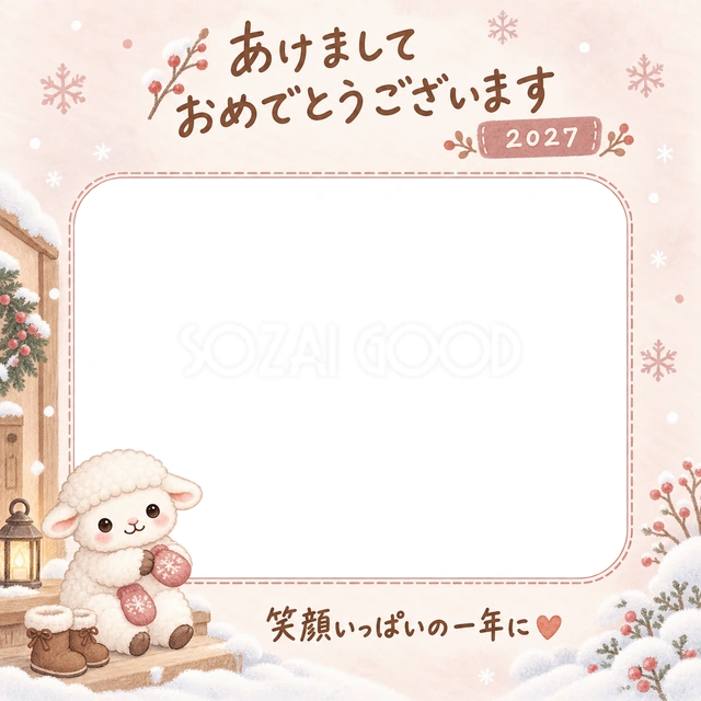 手袋を抱えた羊と小さなブーツが、冬のお出かけを待っています
