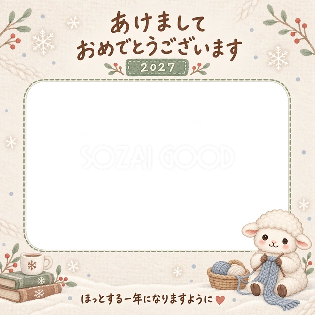 毛糸かごのそばで、羊が青い編み物をしています