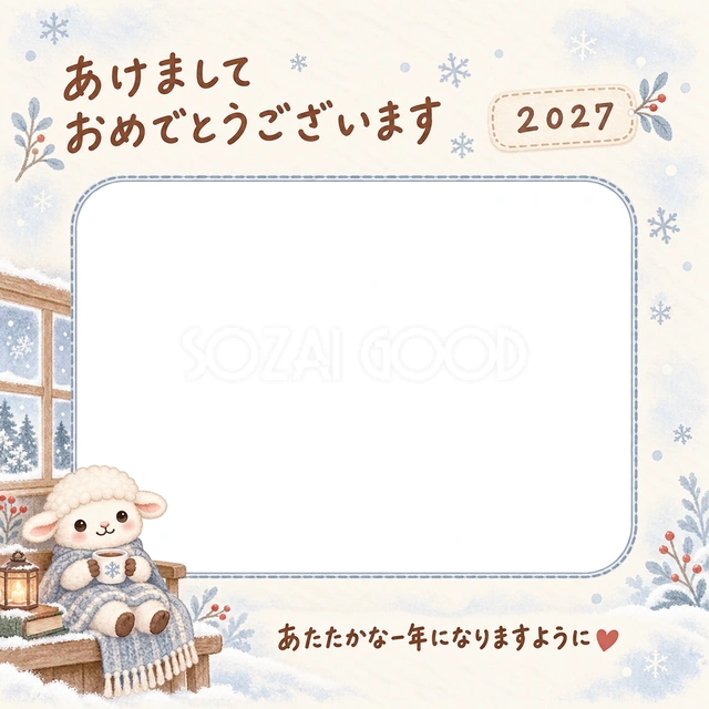 雪の見える窓辺で、羊がひざ掛けにくるまってひと休みしています