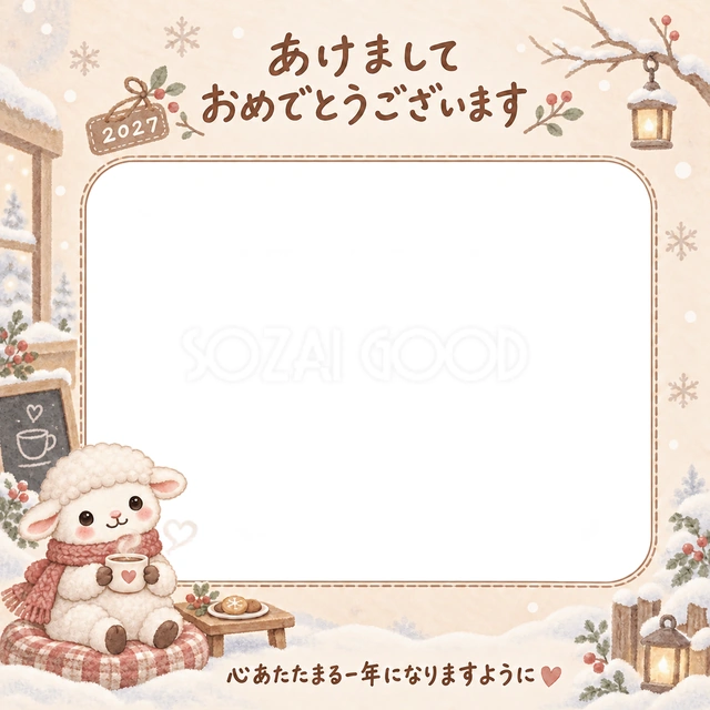 ハートのカップを持った羊が、ココアでひと休みしています