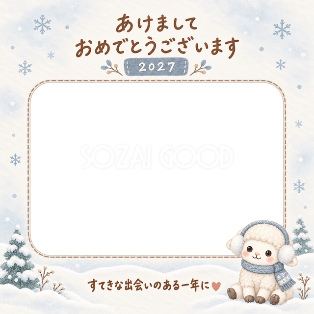 ふわふわの耳あてをつけた羊が、雪の森でちょこんと座っています