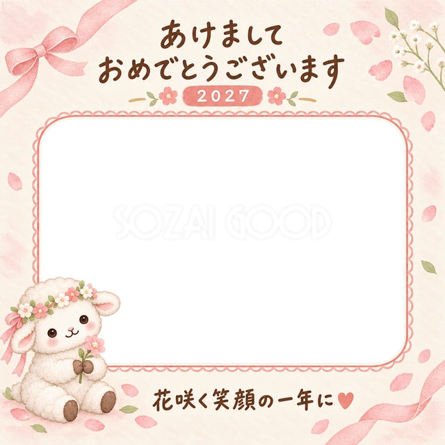 花冠をつけた羊が、小さな花を手にしています