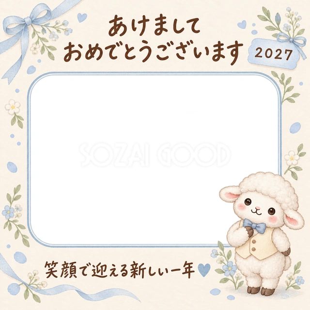 青い蝶ネクタイとベストを着た羊がごあいさつしています