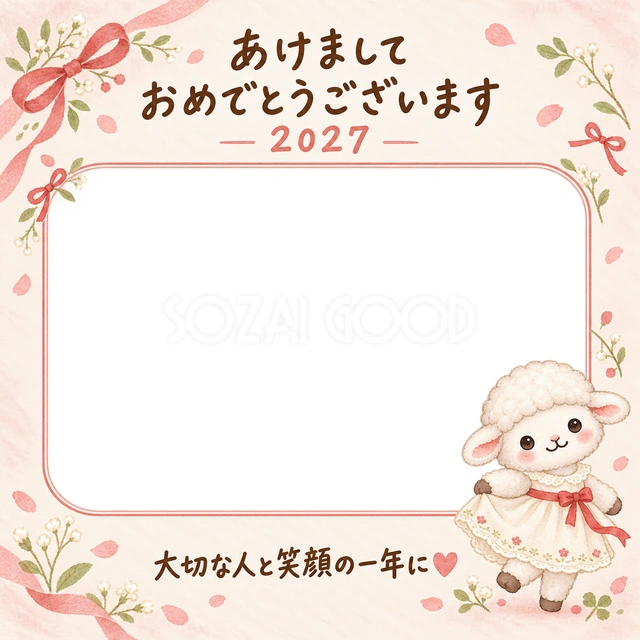 赤いリボンのワンピースを着た羊が、かわいくおめかししています