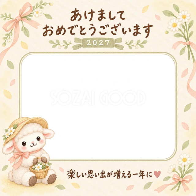 リボン帽子の羊が、花の入った小さなかごを持っています