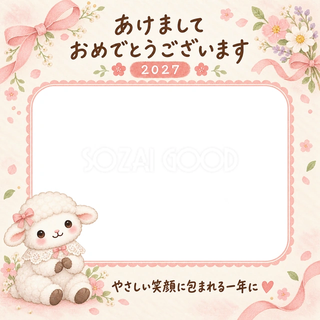 レースの襟と小さなリボンでおめかしした羊が座っています