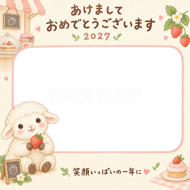 羊が赤いいちごを両手で持って、にっこりしています