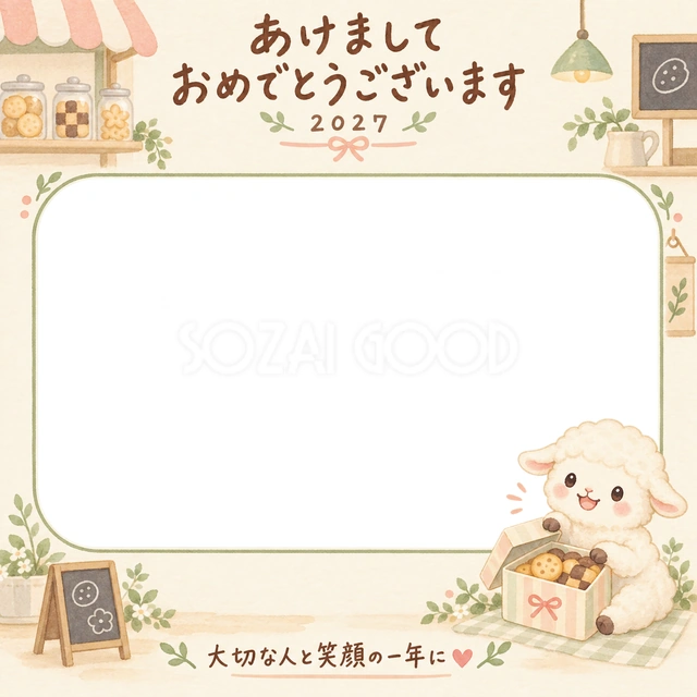 羊がクッキーの箱を開けて、うれしそうにしています