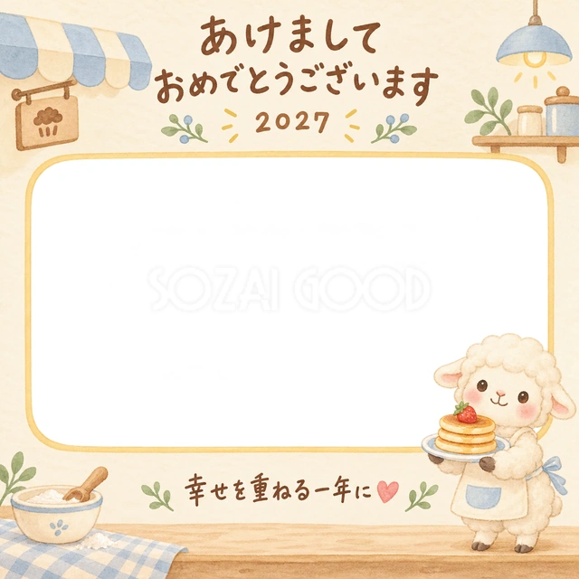 エプロンをつけた羊が、いちごのパンケーキを持っています