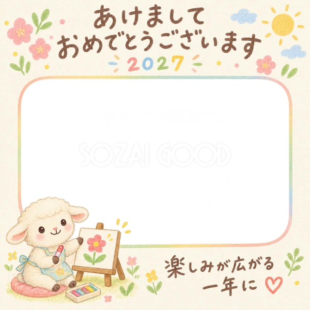 羊がクレヨンを持ち、描いたお花の絵を見せています