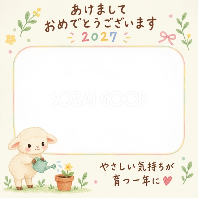 羊がじょうろを持ち、小さな鉢のお花に水をあげています