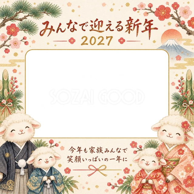 梅や松、門松を添えた晴れ着のひつじ家族