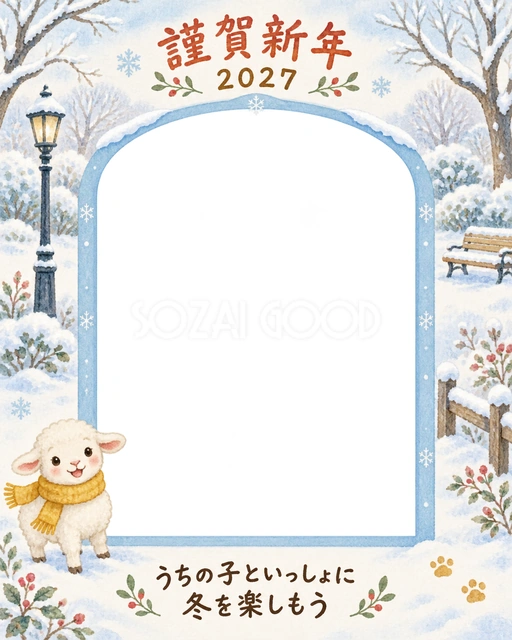縦長の青いアーチ写真枠に、雪のベンチと街灯を添えました
