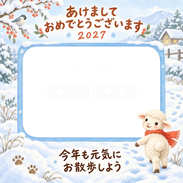 青い角丸写真枠に雪の枝、小さな家、肉球の足あとを添えました