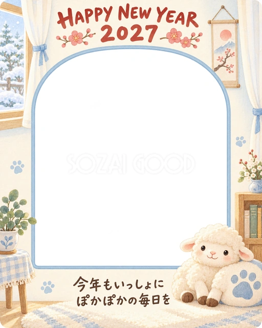 縦長の青いアーチ写真枠に、雪の窓辺と白いカーテンを添えました