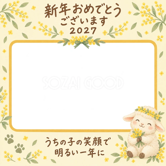 黄色の小花と緑の葉を添えた角丸写真枠です