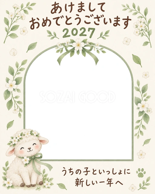 白い小花と緑の葉を添えた、縦長のアーチ写真枠です