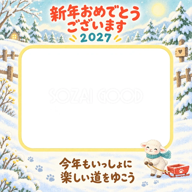 黄色の角丸写真枠と明るい青緑の雪景色です