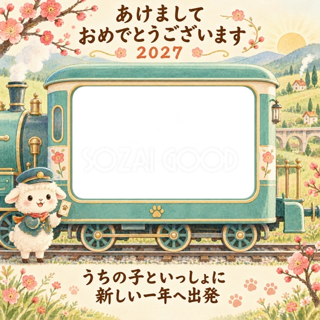 青緑の汽車と梅の花を描きました