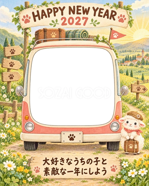 赤とクリーム色のキャンピングカーと花の丘です