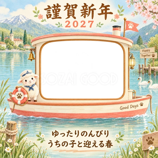 赤とクリーム色のボートと澄んだ湖です