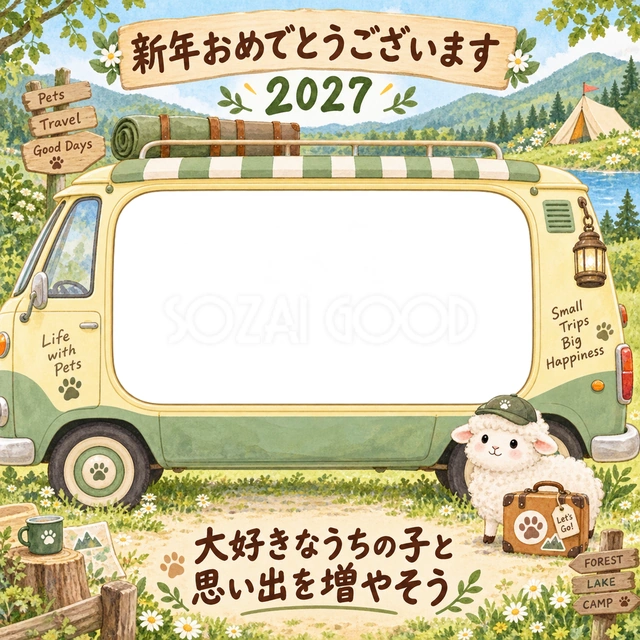 黄色と緑のキャンピングカーと森の景色です