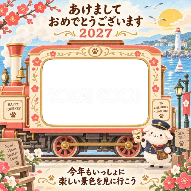 赤い汽車と海辺の灯台を描きました