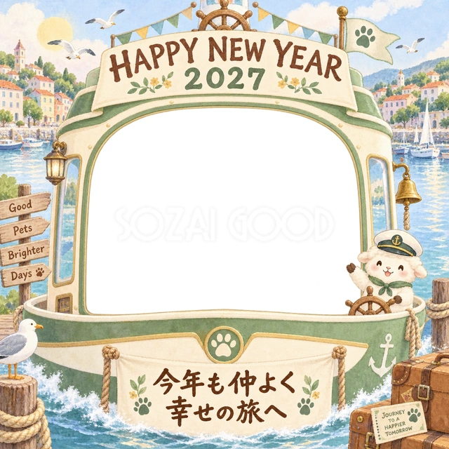 緑のボートと明るい港町を描きました