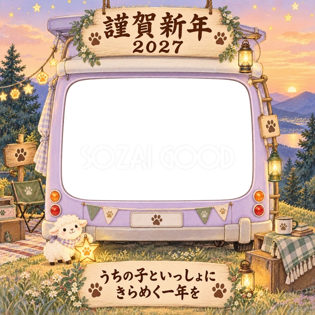 薄紫のキャンピングカーと夕焼けの景色です
