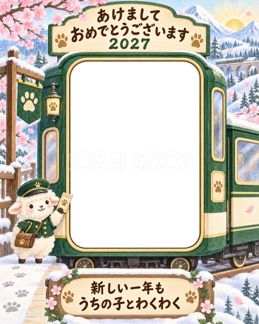 深緑の汽車と雪の山、桃色の花を描きました