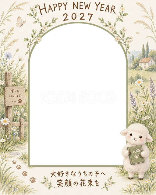 縦長の草花のお庭の淡い水彩イラスト