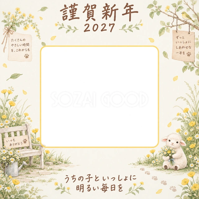 黄色い花の庭の淡い水彩イラスト