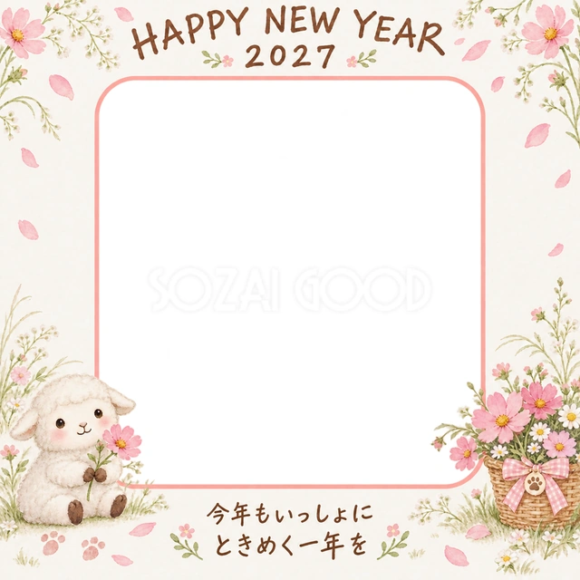 ピンクの花かごの淡い水彩イラスト