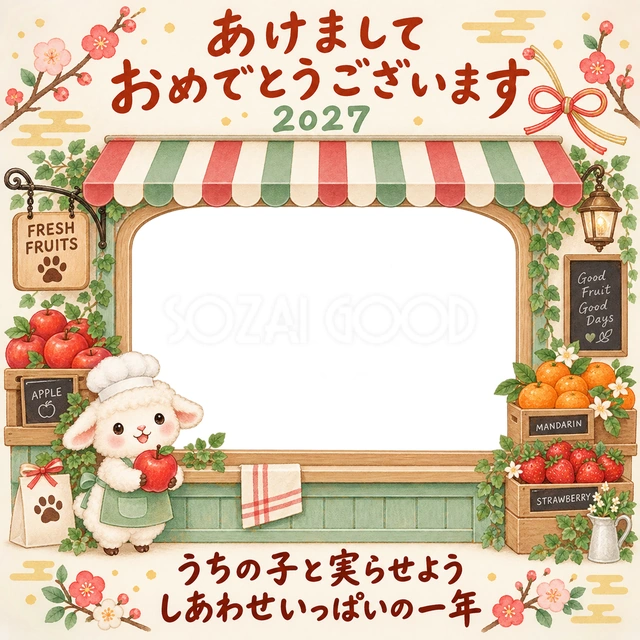 りんごと果物のお店の水彩イラスト