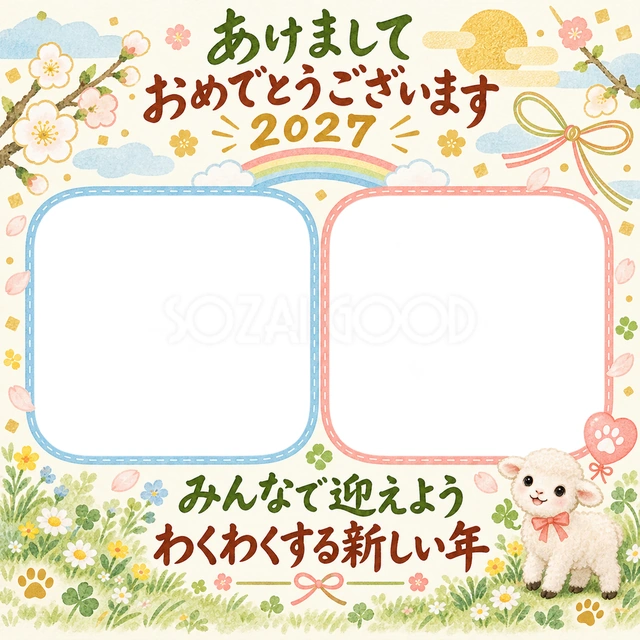 虹でつながる二枚の写真の水彩イラスト