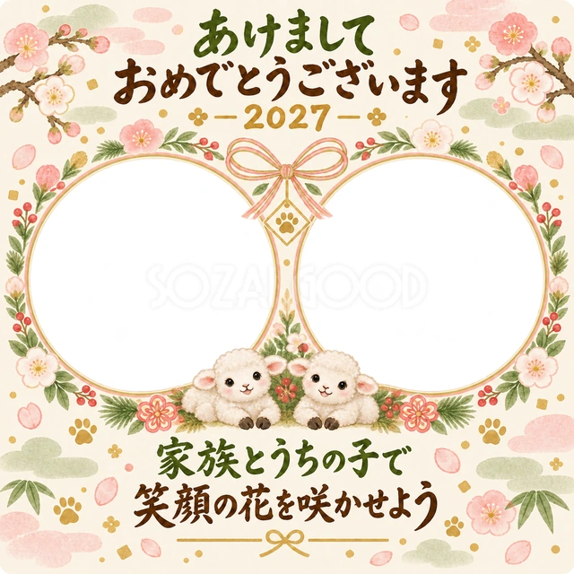 花のリースで並ぶ二枚の水彩イラスト